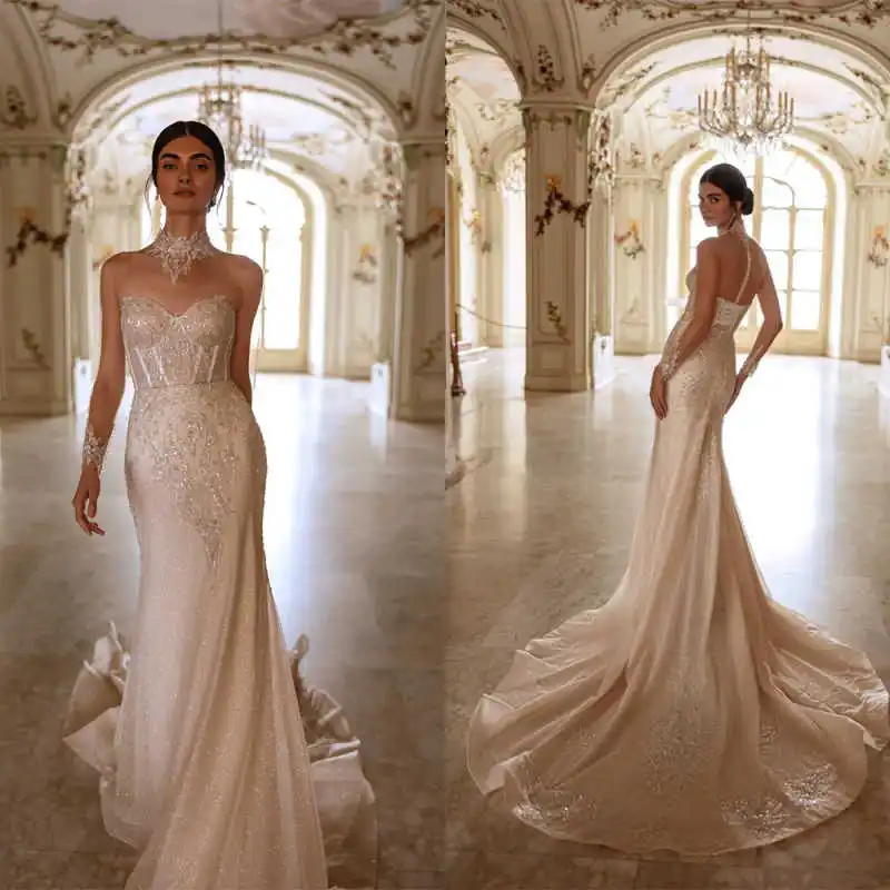 Gorgeous Mermaid Bridal Gowns Long Sleeve High Neck Wedding Dresses Lace Appliques Customized Brides Dresses
Gorgeous Mermaid Bridal Gowns Long Sleeve High Neck Wedding Dresses Lace Appliques Customized Brides Dresses