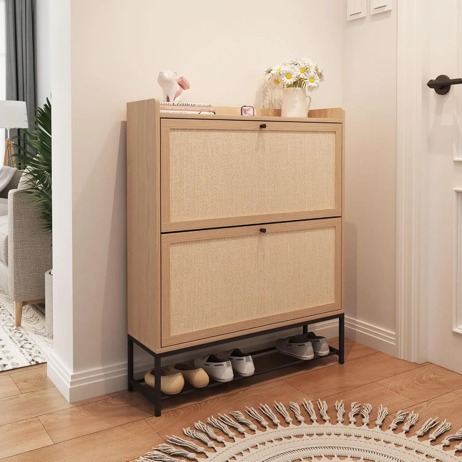 Narrow Shoe Storage Cabinet for Entryway with 2 Flip Drawers, Freestanding Shoe Cabinet with Natural Linen Panel,Customized
Narrow Shoe Storage Cabinet for Entryway with 2 Flip Drawers, Freestanding Shoe Cabinet with Natural Linen Panel,Customized