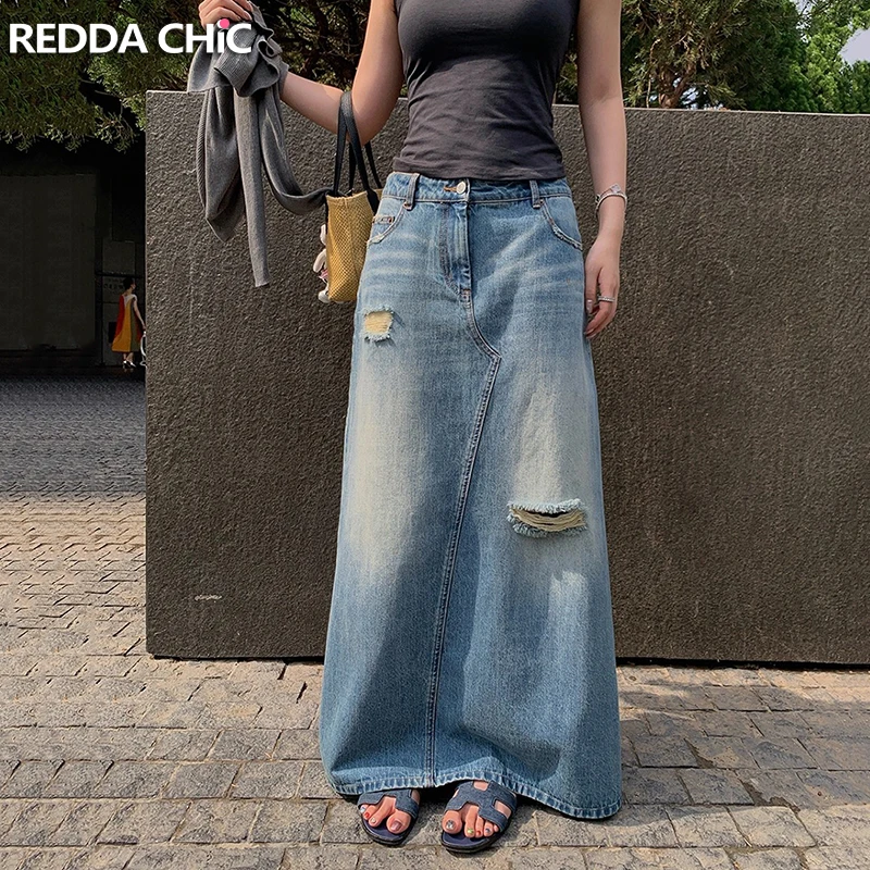 REDDACHiC Women's Destroyed Denim Skirt Whiskers Low Waist Split Back Splice A-line Maxi Long Skirt Casual Korean Streetwear
REDDACHiC Women's Destroyed Denim Skirt Whiskers Low Waist Split Back Splice A-line Maxi Long Skirt Casual Korean Streetwear
