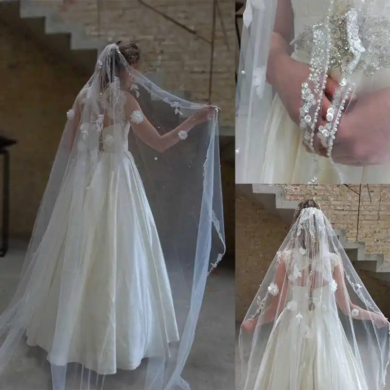 Luxurious One Layer Pearls Wedding Veils 3D Flowers Cathedral Length Veils Sequins Appliques Bridal Accessories Custom Made
Luxurious One Layer Pearls Wedding Veils 3D Flowers Cathedral Length Veils Sequins Appliques Bridal Accessories Custom Made