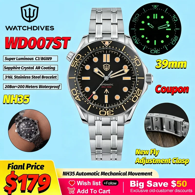 Watchdives WD007ST NTTD 39Mm Automatic Mechanical Watches NH35 AR Sapphire 20ATM Steel OTF Clasp Vintage Black Luxury Watches
Watchdives WD007ST NTTD 39Mm Automatic Mechanical Watches NH35 AR Sapphire 20ATM Steel OTF Clasp Vintage Black Luxury Watches