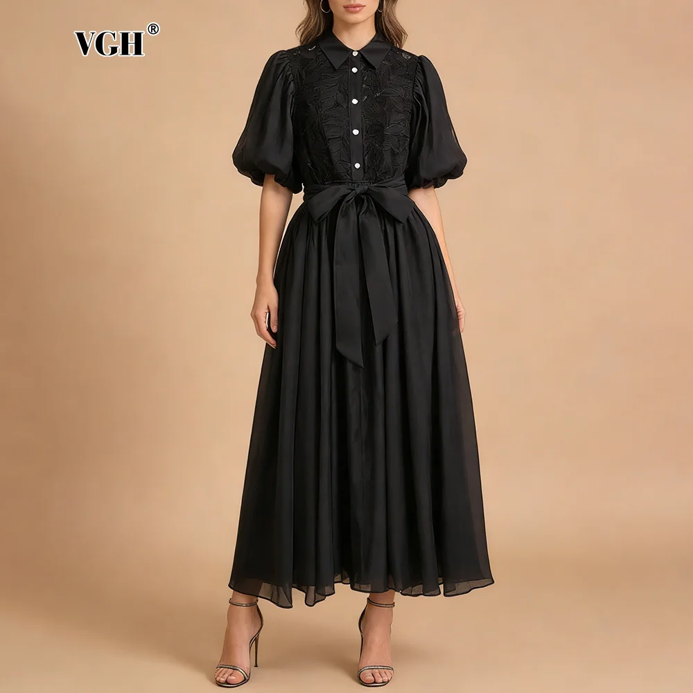 VGH Formal Dinners Black Patchwork Lace Shirt Dress for Women Lapel Puff Sleeves Pearl Button Accent Belted Waist for Bridesmaid
VGH Formal Dinners Black Patchwork Lace Shirt Dress for Women Lapel Puff Sleeves Pearl Button Accent Belted Waist for Bridesmaid
