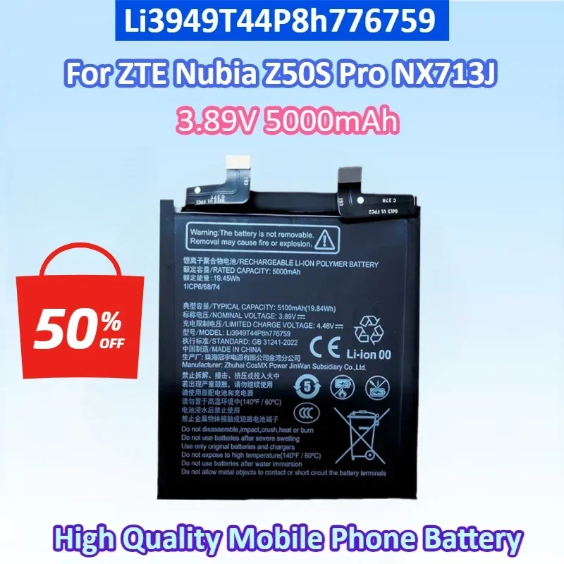NEW Li3949T44P8h776759 5000mAh For ZTE Nubia Z50S Pro NX713J Mobile Phone Battery 1ICP6 68 74 Batteries
NEW Li3949T44P8h776759 5000mAh For ZTE Nubia Z50S Pro NX713J Mobile Phone Battery 1ICP6 68 74 Batteries