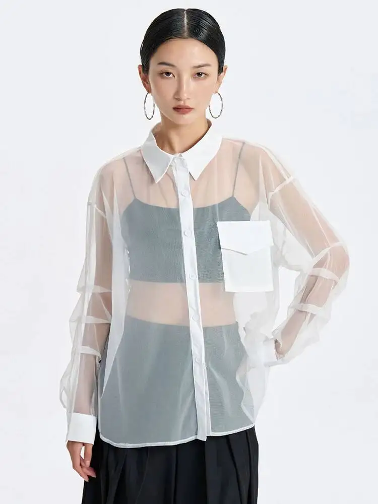 Women Black Pocket Mesh Perspective Big Size Thin Blouse New Lapel Short Sleeve Shirt Fashion Tide Spring Summer
Women Black Pocket Mesh Perspective Big Size Thin Blouse New Lapel Short Sleeve Shirt Fashion Tide Spring Summer