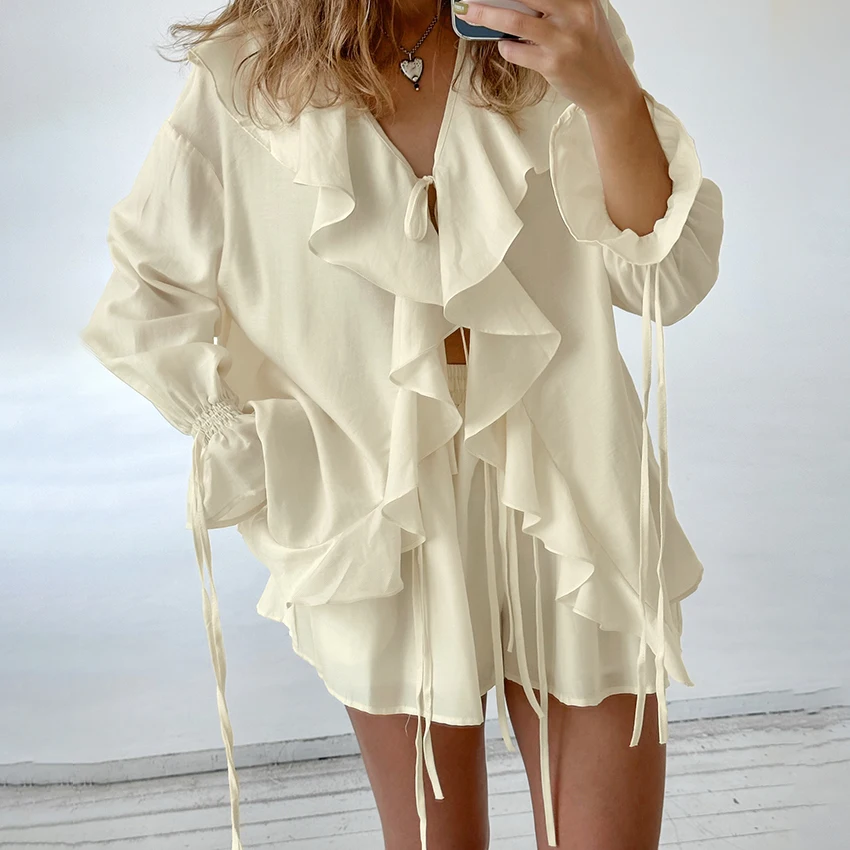Linad Casual Ruffles Shorts Sets 2025 Fashion V Neck Blouse With Drawstring Shorts Suit Summer Loose Beige Outfits 2025 2 Piece
Linad Casual Ruffles Shorts Sets 2025 Fashion V Neck Blouse With Drawstring Shorts Suit Summer Loose Beige Outfits 2025 2 Piece