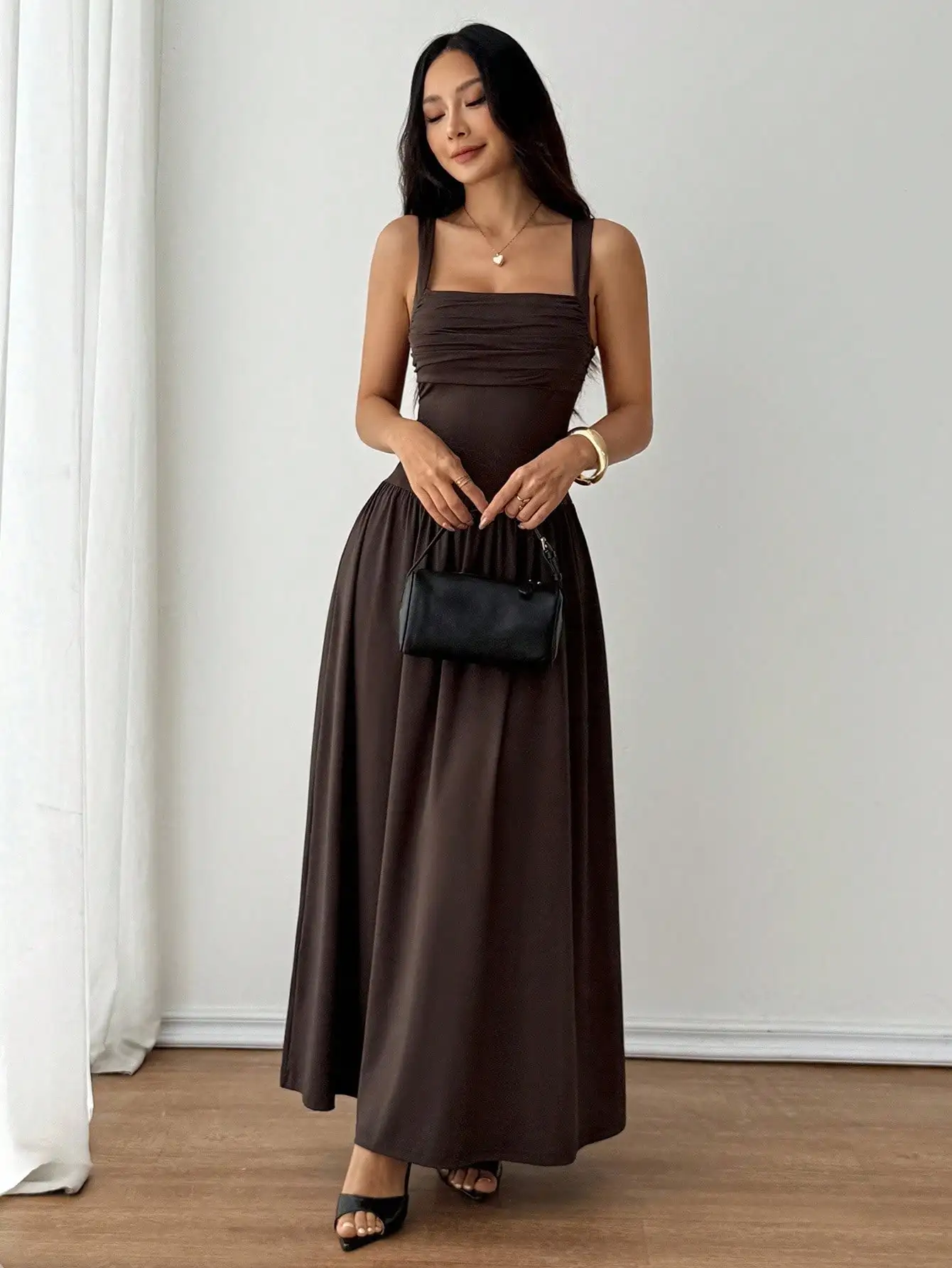 Elegant Brown Square Collar Flared Maxi Dress For Women Spring Summer
Elegant Brown Square Collar Flared Maxi Dress For Women Spring Summer