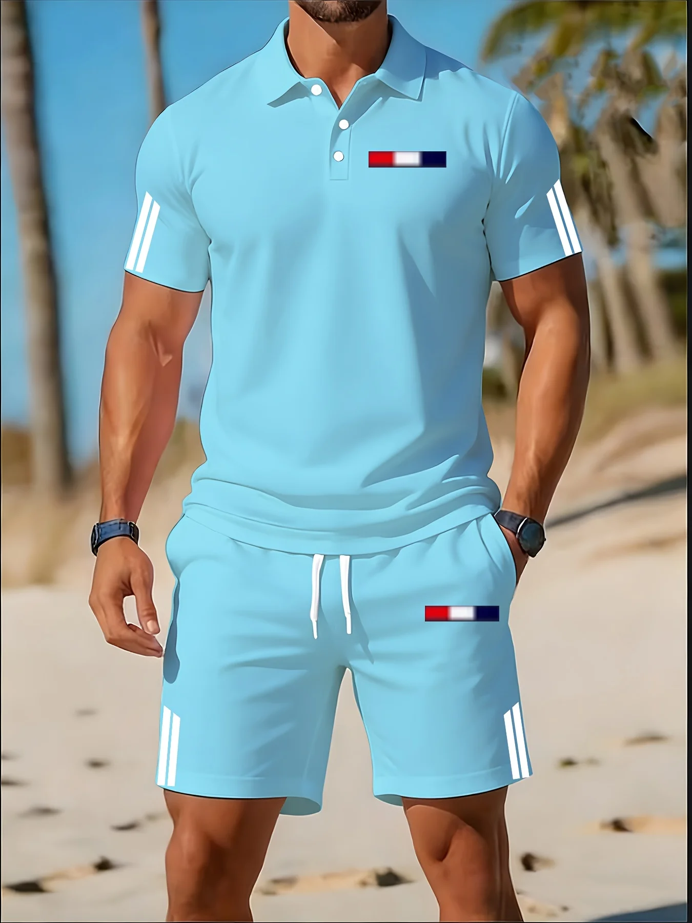 The Latest French Tricolor Striped Sky Blue Men's Summer Polo Shorts Set for 2026, Fashionable 3D Printed Printing
The Latest French Tricolor Striped Sky Blue Men's Summer Polo Shorts Set for 2026, Fashionable 3D Printed Printing