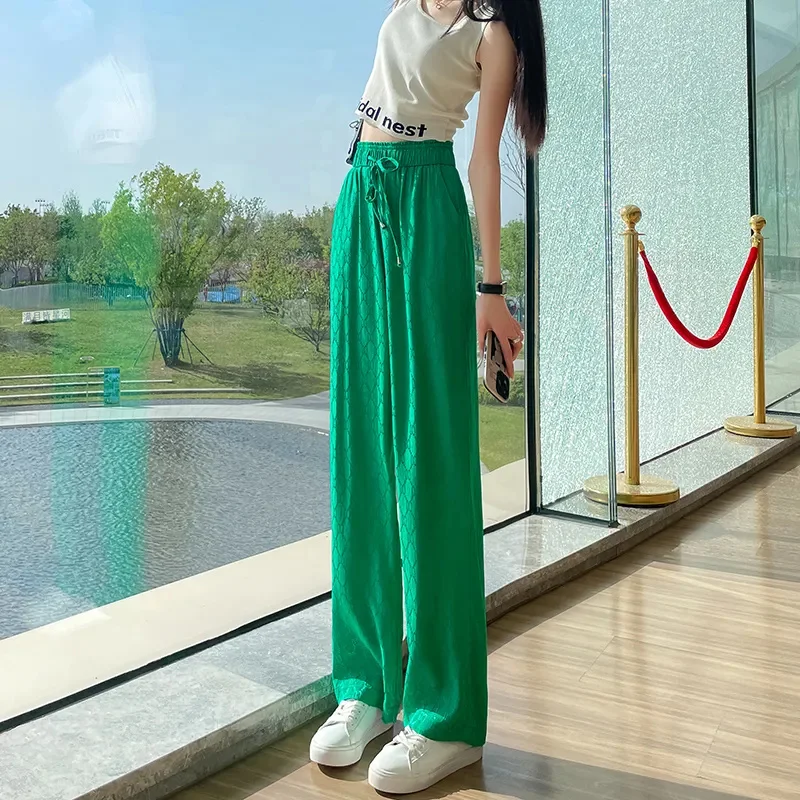 Summer Thin Fashion Loose Casual Ice Silk Wide Leg Pants Women Solid Jacquard High Waist Drawstring Pockets Straight Trousers
Summer Thin Fashion Loose Casual Ice Silk Wide Leg Pants Women Solid Jacquard High Waist Drawstring Pockets Straight Trousers