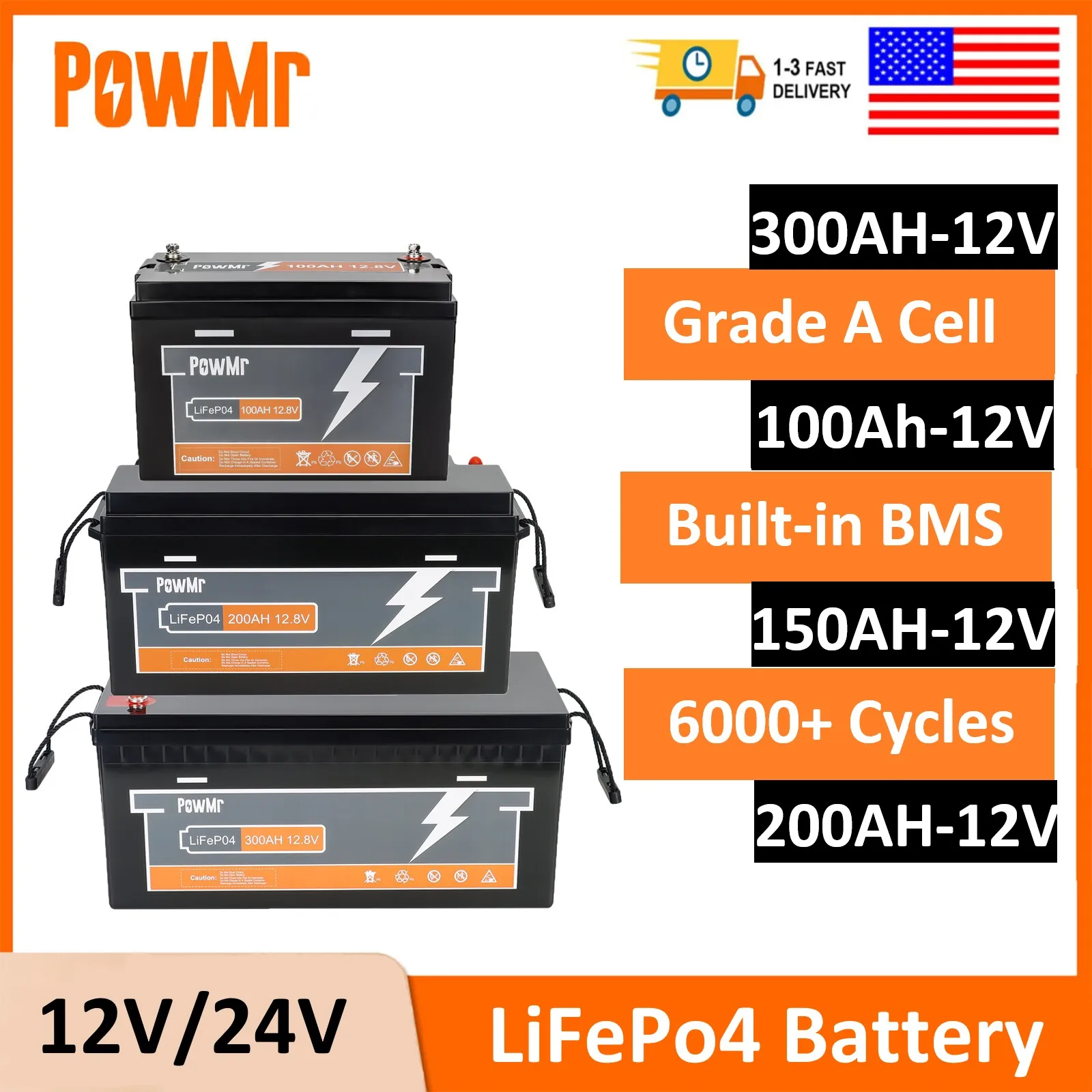 Аккумулятор PowMr LiFePO4 12В/24В 100Ач 150Ач 200Ач 300Ач со встроенной BMS, 6000 циклов, для дома, автомобиля, автодома, накопитель энергии
Аккумулятор PowMr LiFePO4 12В/24В 100Ач 150Ач 200Ач 300Ач со встроенной BMS, 6000 циклов, для дома, автомобиля, автодома, накопитель энергии