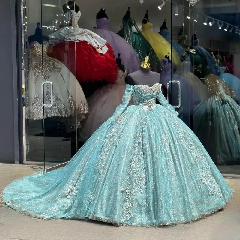 Sky Blue Princess Luxury Quinceanera Dresses with Long Sleeve Sparkly Floral Skirt vestidos de xv años elegantes Sweet 15
Sky Blue Princess Luxury Quinceanera Dresses with Long Sleeve Sparkly Floral Skirt vestidos de xv años elegantes Sweet 15