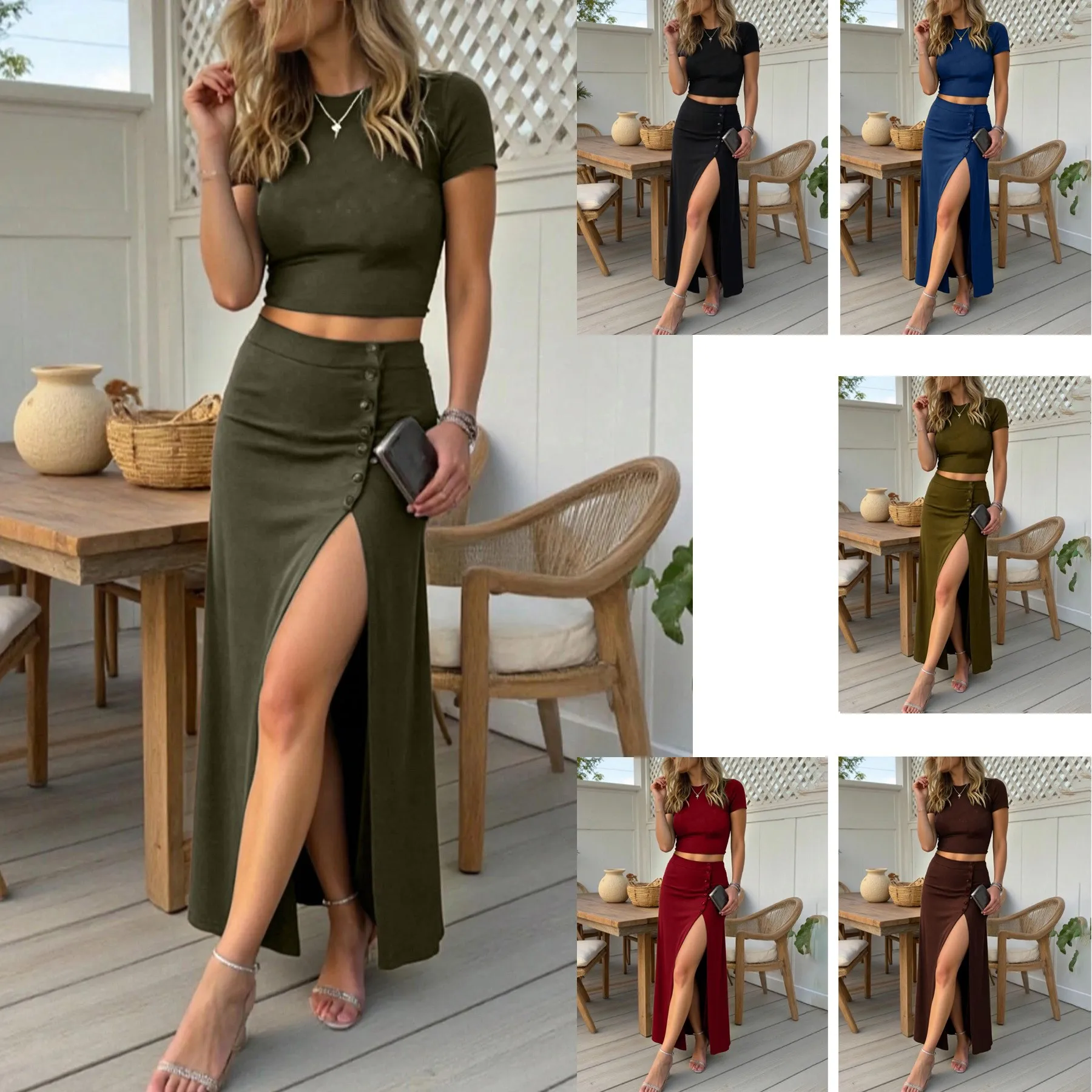 Summer Dress 2 Set Sleeveless Crop Top Olive Green Long Skirt Dresses Women's Matching Sets High Slit Two Piece Dress Button
Summer Dress 2 Set Sleeveless Crop Top Olive Green Long Skirt Dresses Women's Matching Sets High Slit Two Piece Dress Button