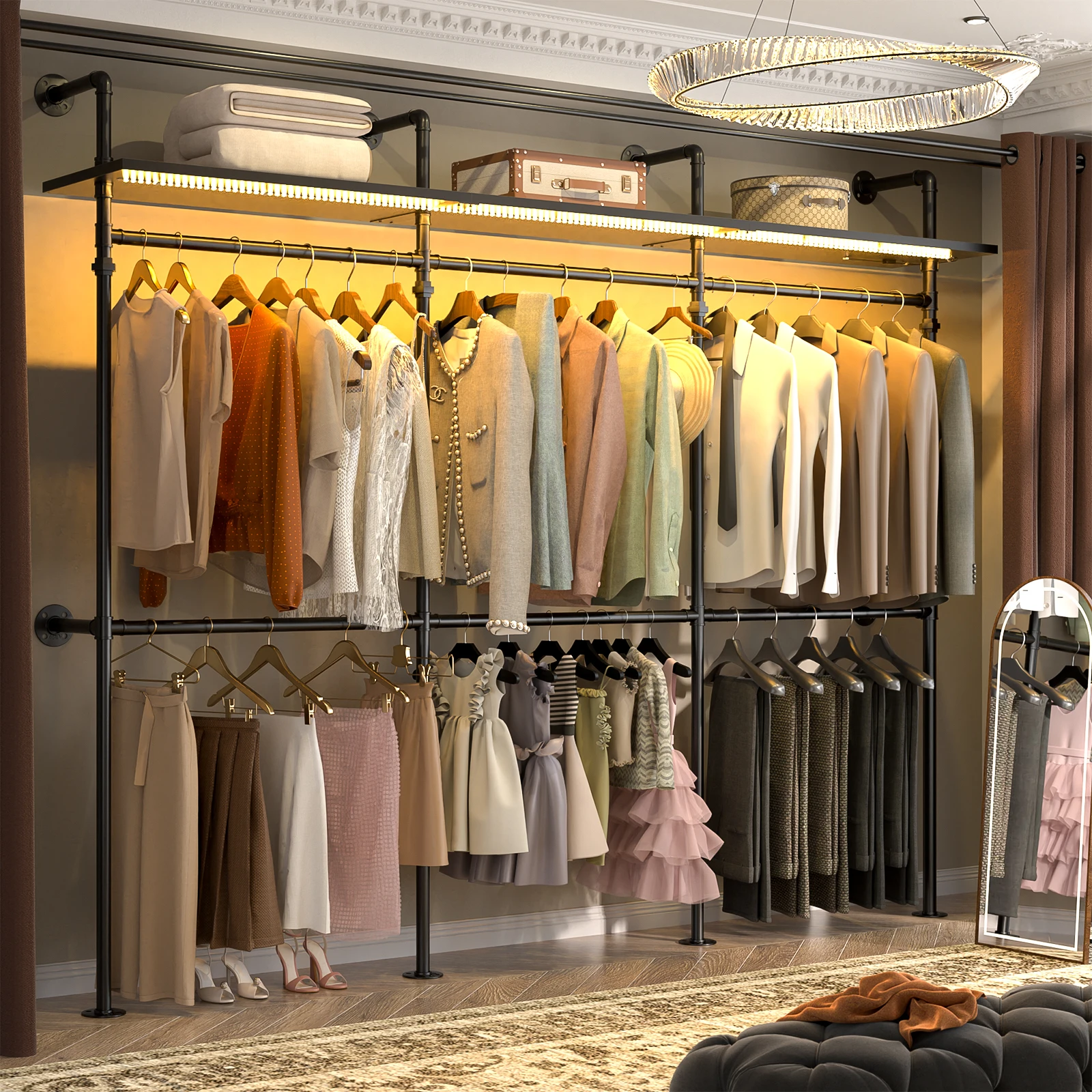 Industrial Pipe Clothing Rack, Reversible 118.3'' Heavy Duty Garment Rack with RGB LED Lights & Storage Shelves, Multi‑functional Walk‑in Closet System for Bedroom, Apartment, or Shop
Industrial Pipe Clothing Rack, Reversible 118.3'' Heavy Duty Garment Rack with RGB LED Lights & Storage Shelves, Multi‑functional Walk‑in Closet System for Bedroom, Apartment, or Shop