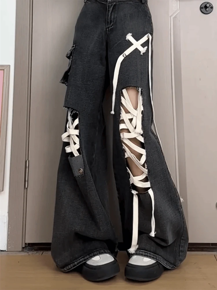 Summer Loose Full Length Street Lace-Up Hollow Out Female Wide Leg Pants American Simple Washed Distressed Fashion Women Jeans
Summer Loose Full Length Street Lace-Up Hollow Out Female Wide Leg Pants American Simple Washed Distressed Fashion Women Jeans