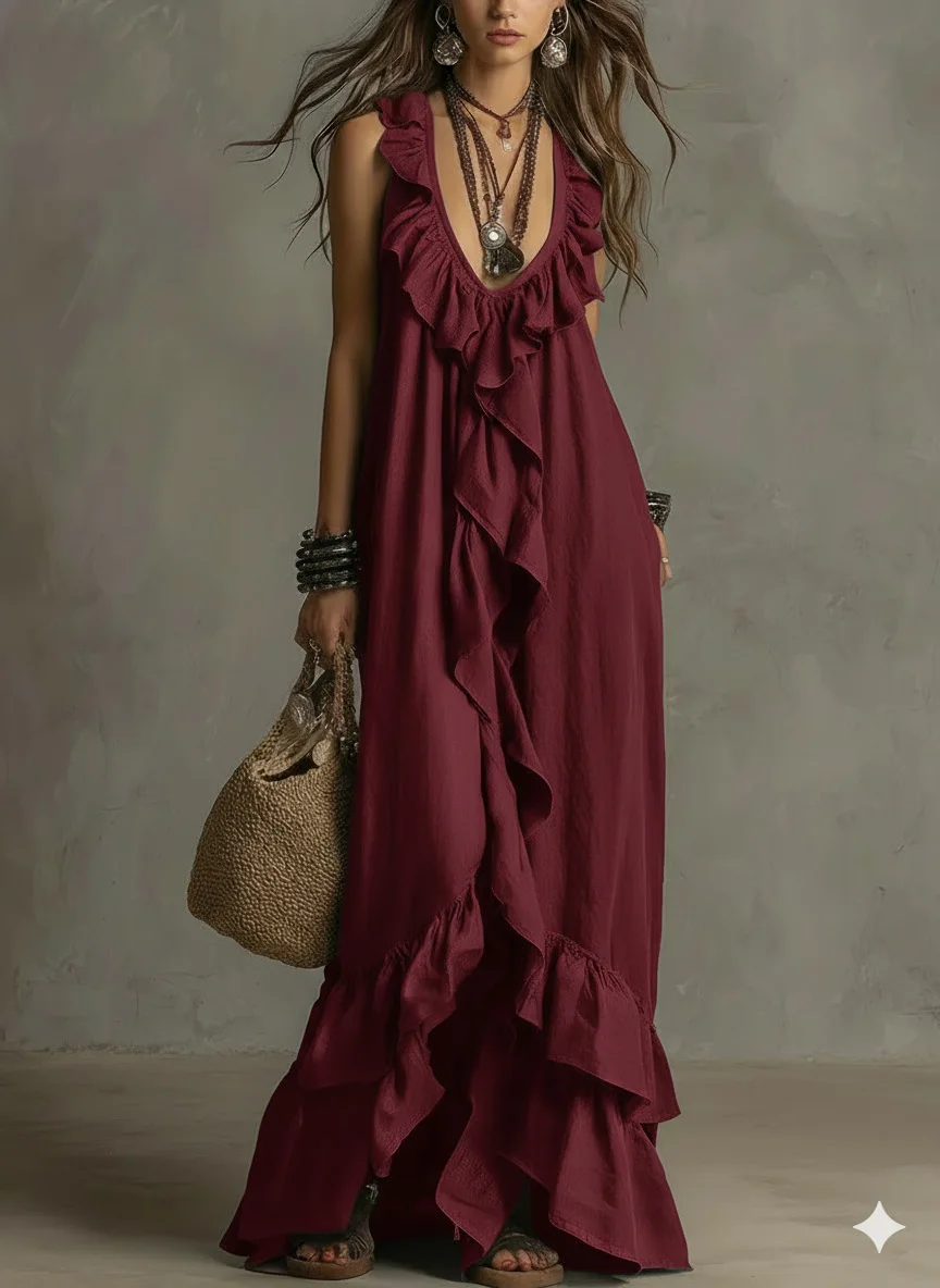 Loose Casual Dress Spring Summer Solid Color Elegant Fashion Bohemian Style Ruffled Loose Waist Sleeveless V-Neck Long Dresses
Loose Casual Dress Spring Summer Solid Color Elegant Fashion Bohemian Style Ruffled Loose Waist Sleeveless V-Neck Long Dresses
