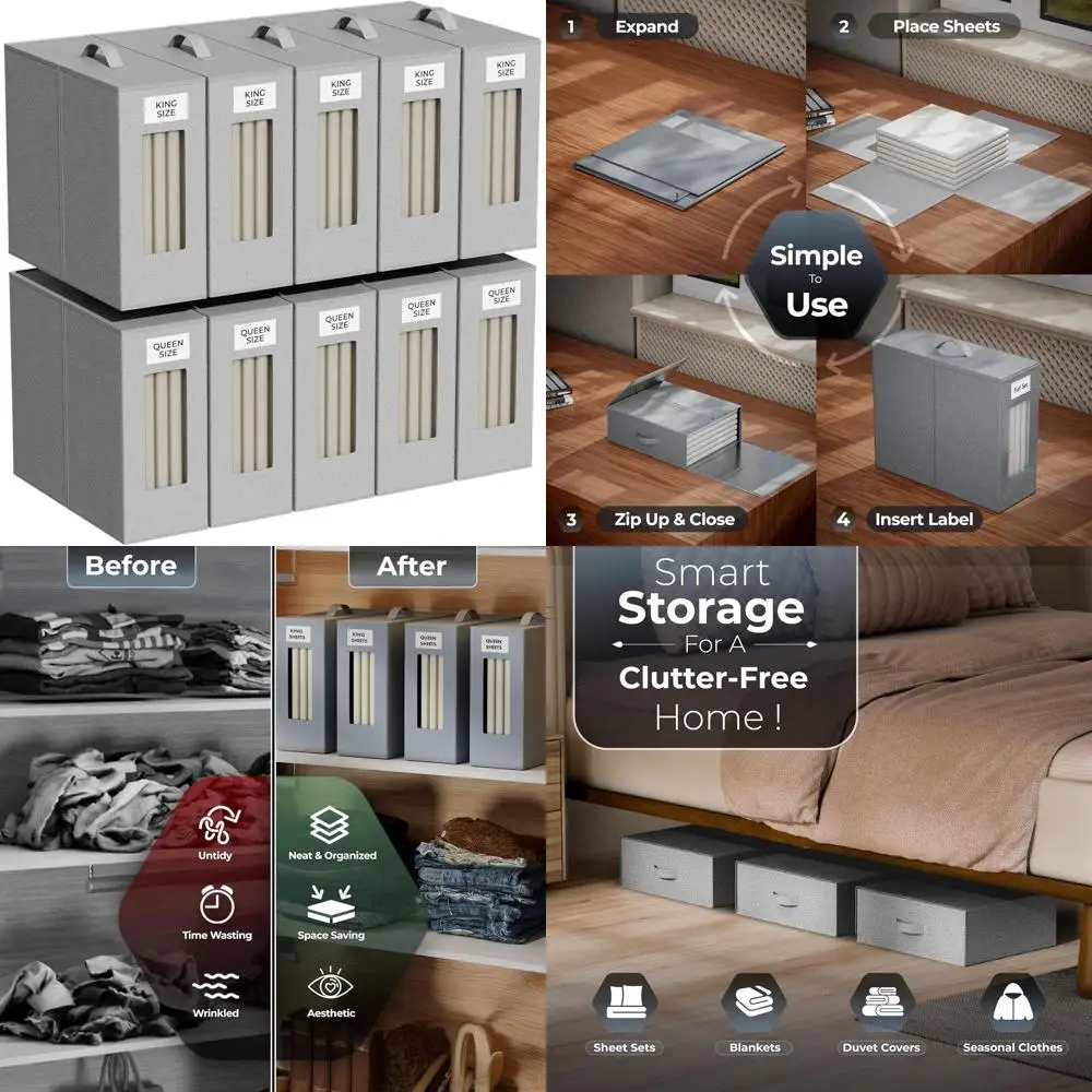 Набор из 10 серых тканевых органайзеров для постельного белья с ручкой, именной биркой и окном для хранения в шкафу
Набор из 10 серых тканевых органайзеров для постельного белья с ручкой, именной биркой и окном для хранения в шкафу