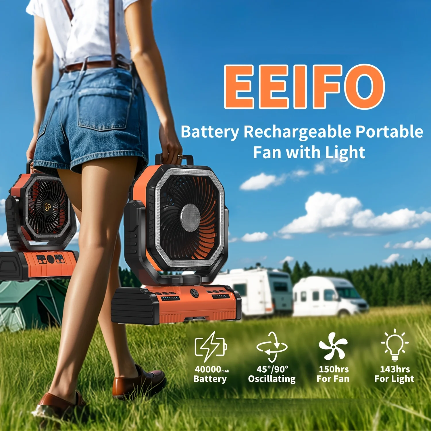 40000mAh, 12-inch Portable Camping Fan, Rechargeable Battery Powered, Desktop Fan, 4 Speeds, Auto-Oscillation, LED Light with Cool/Warm Light And SOS Mode, 140 Hours, 360° Rotating Hook (Orange), Camping Gear and Equipment
40000mAh, 12-inch Portable Camping Fan, Rechargeable Battery Powered, Desktop Fan, 4 Speeds, Auto-Oscillation, LED Light with Cool/Warm Light And SOS Mode, 140 Hours, 360° Rotating Hook (Orange), Camping Gear and Equipment
