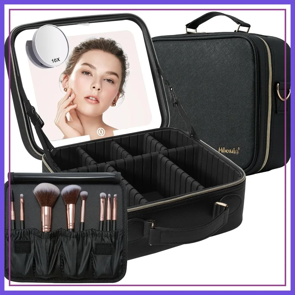 LED Lighted Travel Makeup Bag with Mirror, 3 Colors, Adjustable Dividers, 8 Brushes & 10x Magnifying Mirror, Black
LED Lighted Travel Makeup Bag with Mirror, 3 Colors, Adjustable Dividers, 8 Brushes & 10x Magnifying Mirror, Black