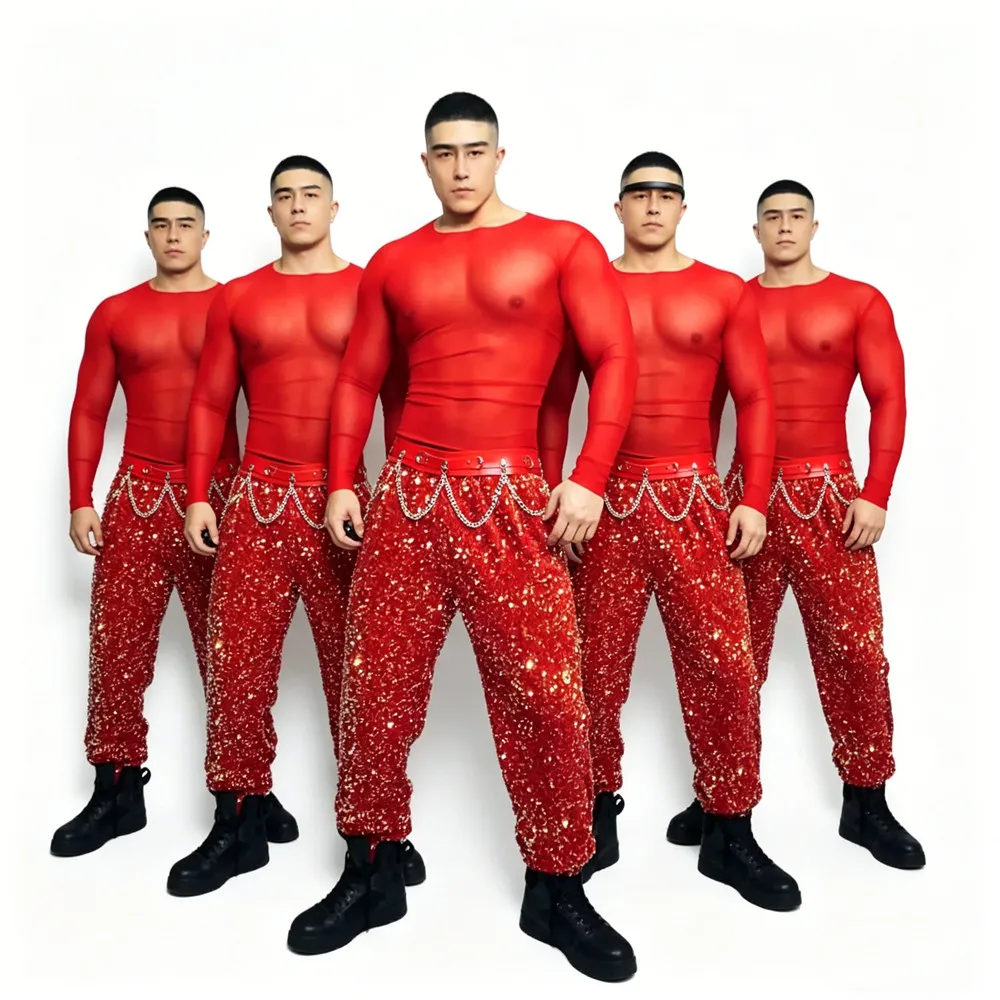 Male Singer Group Dancer Performance Costume Red Transparent Tops Sequins Pants Set Nightclub Bar Concert Team Show Stage Wear
Male Singer Group Dancer Performance Costume Red Transparent Tops Sequins Pants Set Nightclub Bar Concert Team Show Stage Wear