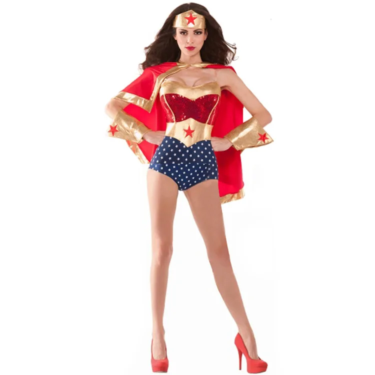 Sexy Superwoman Halloween Costume Women's One-Piece Suitcape Wonder Woman Uniform Cosplay Party Theme Fashionable Costume
Sexy Superwoman Halloween Costume Women's One-Piece Suitcape Wonder Woman Uniform Cosplay Party Theme Fashionable Costume
