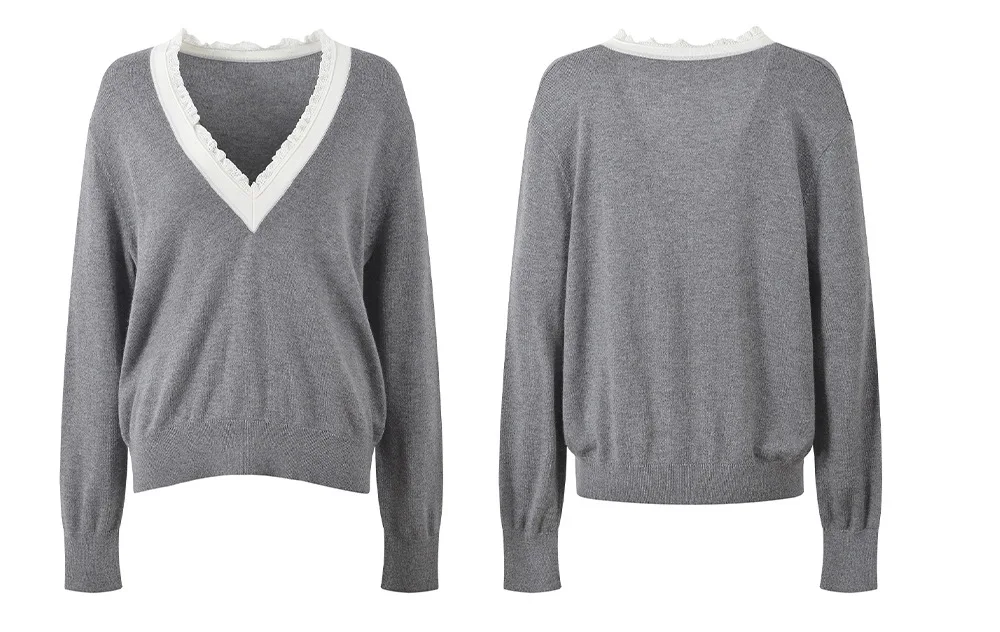 All-match Grey Sweater Contrasting Ruffled V-neck Loose Fashionable Casual Top 2025 Spring New Style Korean Fashion Tops
All-match Grey Sweater Contrasting Ruffled V-neck Loose Fashionable Casual Top 2025 Spring New Style Korean Fashion Tops