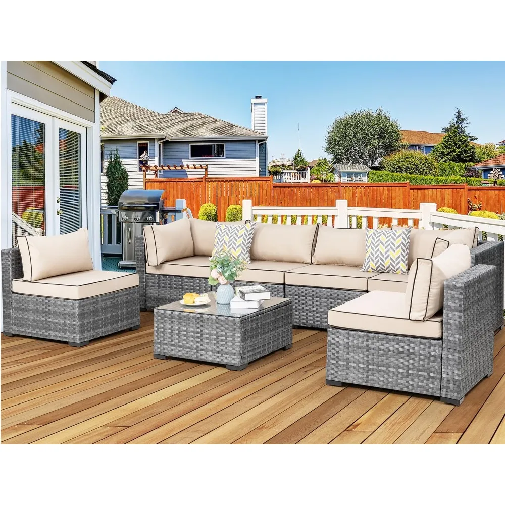 Wicker Patio Furniture 7 Pieces Conversation Sets, with Washable Cushions and Glass Coffee Table
Wicker Patio Furniture 7 Pieces Conversation Sets, with Washable Cushions and Glass Coffee Table
