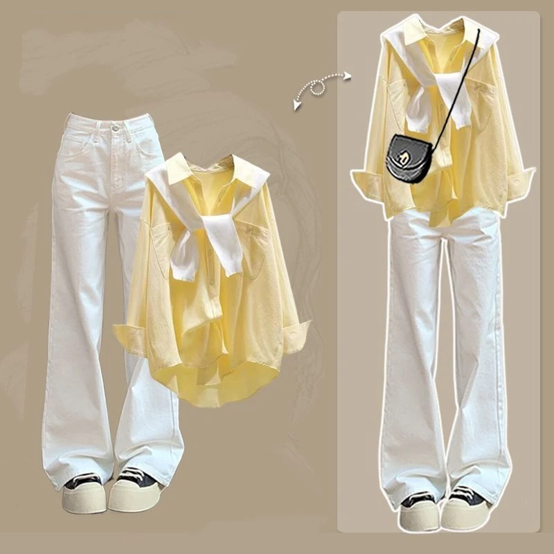 Женские весенне-осенние рубашки, шаль, широкие брюки, комплект из 1, или двух предметов, женская корейская повседневная желтая блузка, белые брюки, наряды
Женские весенне-осенние рубашки, шаль, широкие брюки, комплект из 1, или двух предметов, женская корейская повседневная желтая блузка, белые брюки, наряды