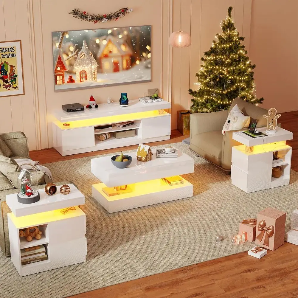 Modern 4-Piece LED High Gloss Living Room Furniture Set with TV Stand, Coffee Table, and End Table
Modern 4-Piece LED High Gloss Living Room Furniture Set with TV Stand, Coffee Table, and End Table