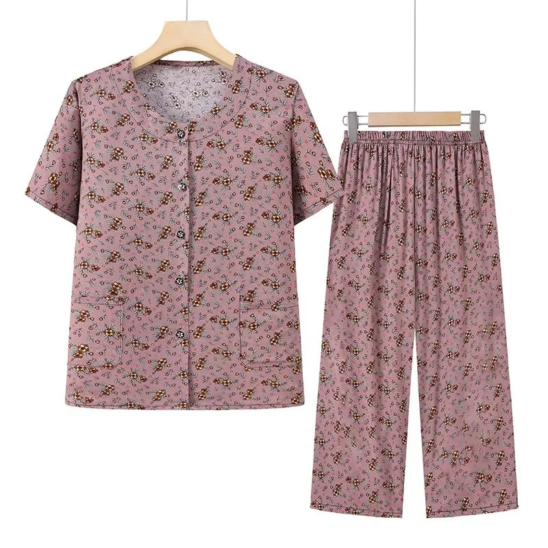 Women Floral Print 2-Piece Set Summer Cotton Short Sleeve Top & Pants Loungewear for Elderly Mothers
Women Floral Print 2-Piece Set Summer Cotton Short Sleeve Top & Pants Loungewear for Elderly Mothers