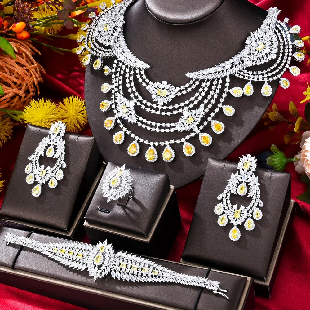 NEW Luxury 4PCS UAE Rainbow Fireworks Jewelry Set For Women Wedding Party Cubic Zirconia Indian Dubai Bridal Jewelry Set
NEW Luxury 4PCS UAE Rainbow Fireworks Jewelry Set For Women Wedding Party Cubic Zirconia Indian Dubai Bridal Jewelry Set