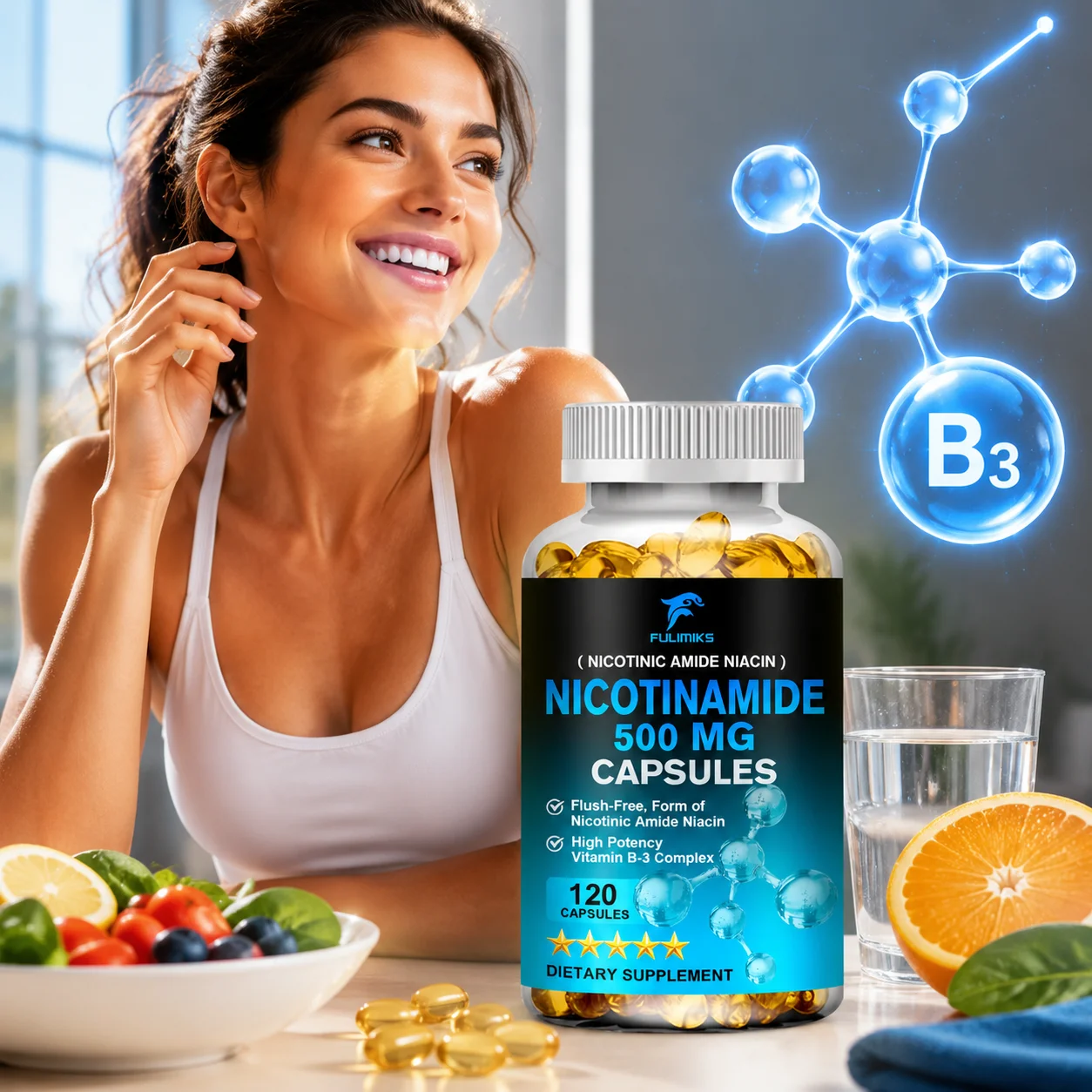 FULIMIKS Niacinamide 500mg Capsules, Supports Healthy Skin, NAD+ Production, Cellular Energy, Metabolism & Anti-Aging for Women
FULIMIKS Niacinamide 500mg Capsules, Supports Healthy Skin, NAD+ Production, Cellular Energy, Metabolism & Anti-Aging for Women