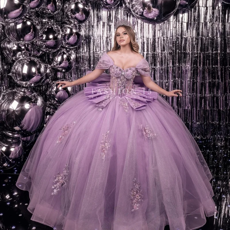 Lilac Shiny Quinceanera Dresses Ball Gown Off The Shoulder Applique Lace Beads Bow Tull Corset Party Birthday Sweet 16 Dress Ves
Lilac Shiny Quinceanera Dresses Ball Gown Off The Shoulder Applique Lace Beads Bow Tull Corset Party Birthday Sweet 16 Dress Ves