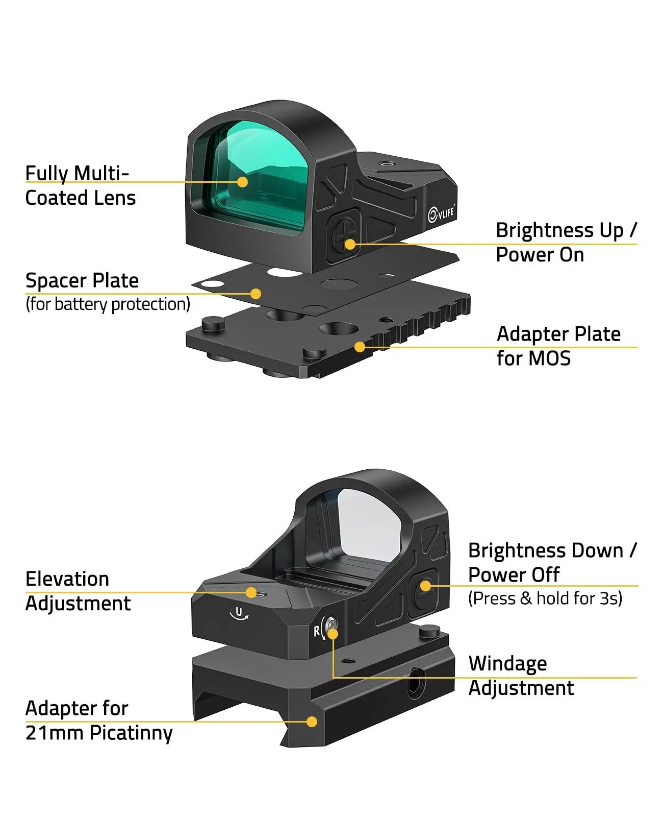 CVLIFE Green Dot Sight 3 MOA Reflex Sight with Low Profile for Full-Sized Pistols Optics Adapter for MOS & 21mm Picatinny Base
CVLIFE Green Dot Sight 3 MOA Reflex Sight with Low Profile for Full-Sized Pistols Optics Adapter for MOS & 21mm Picatinny Base