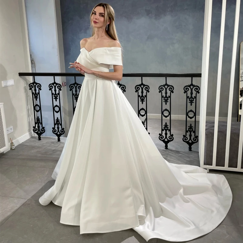 Simple Off Shoulder Sweetheart Pleated A-Line Lace Up Satin Wedding Dress Bridal Gown Vestido De Noiva
Simple Off Shoulder Sweetheart Pleated A-Line Lace Up Satin Wedding Dress Bridal Gown Vestido De Noiva