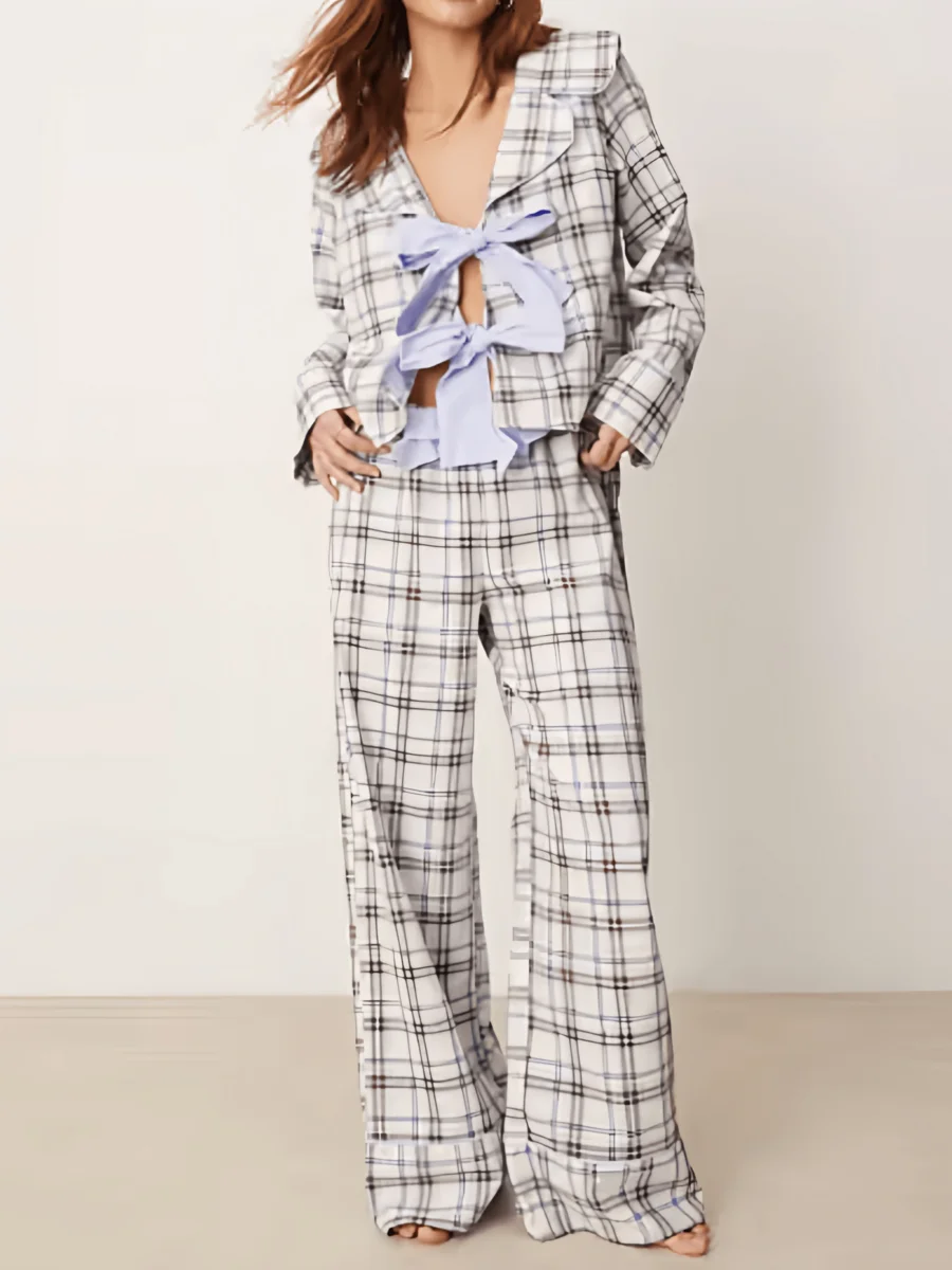 Women Plaid Pajama Set Lapel Long Sleeve Bow Front Top With Elastic Wide Leg Pants Lounge Sleepwear
Women Plaid Pajama Set Lapel Long Sleeve Bow Front Top With Elastic Wide Leg Pants Lounge Sleepwear