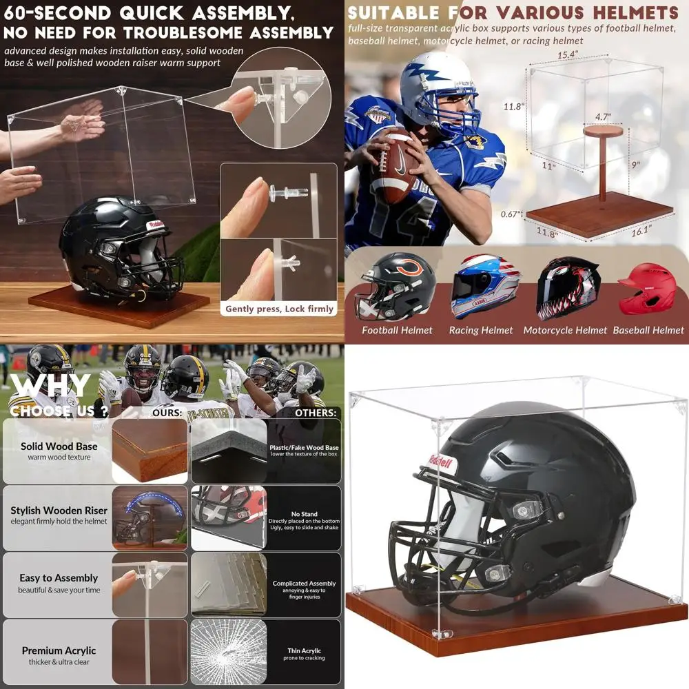 Полноразмерная акриловая витрина для футбольного шлема с защитой от ультрафиолета, основание из цельного дерева для спортивных памятных подарков
Полноразмерная акриловая витрина для футбольного шлема с защитой от ультрафиолета, основание из цельного дерева для спортивных памятных подарков