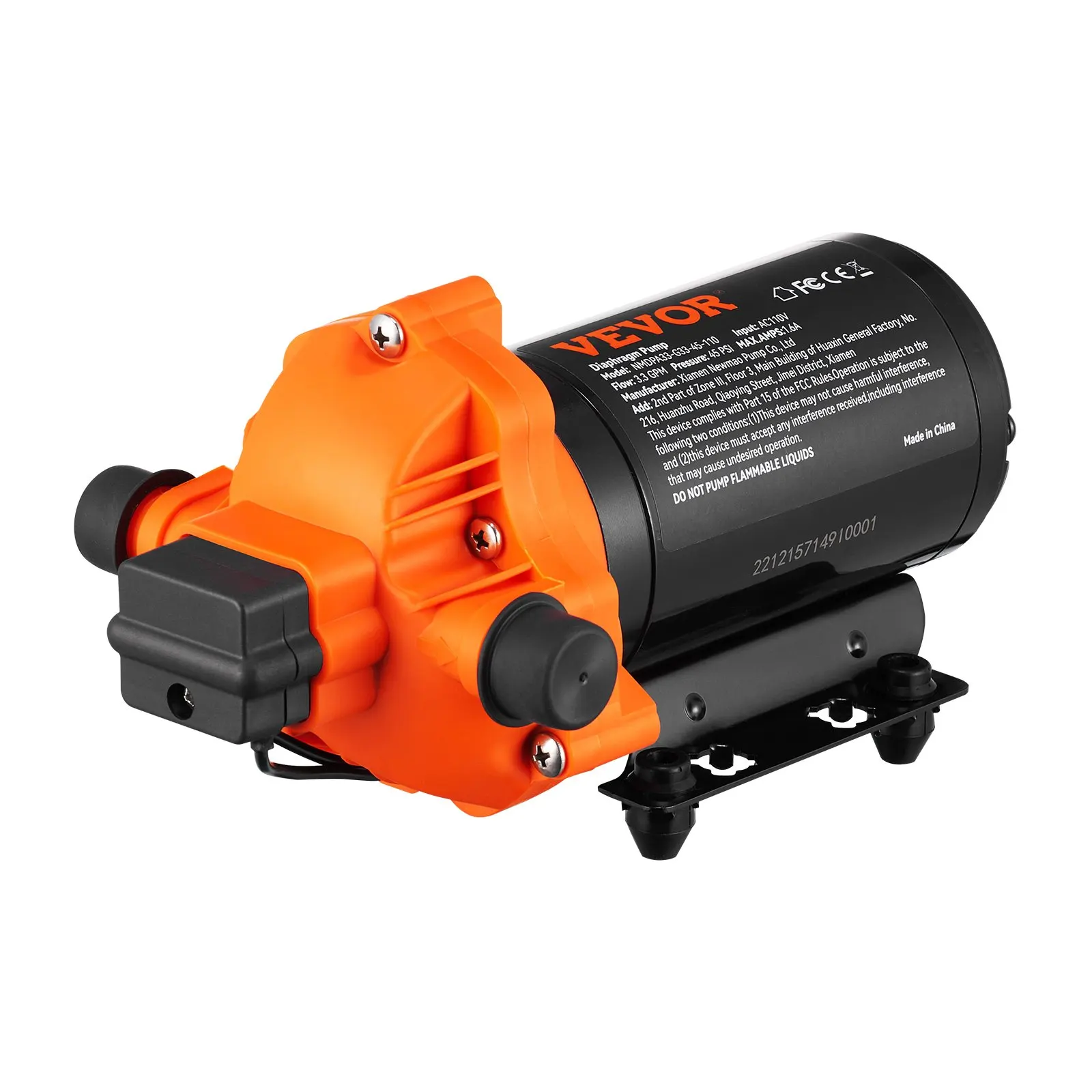 Water Diaphragm Pump, 110V AC, 3.3 GPM Flow, 45 PSI Rated Pressure (40-80 PSI Adjustable), 1/2" MNPT Self Priming Sprayer Pump
Water Diaphragm Pump, 110V AC, 3.3 GPM Flow, 45 PSI Rated Pressure (40-80 PSI Adjustable), 1/2" MNPT Self Priming Sprayer Pump