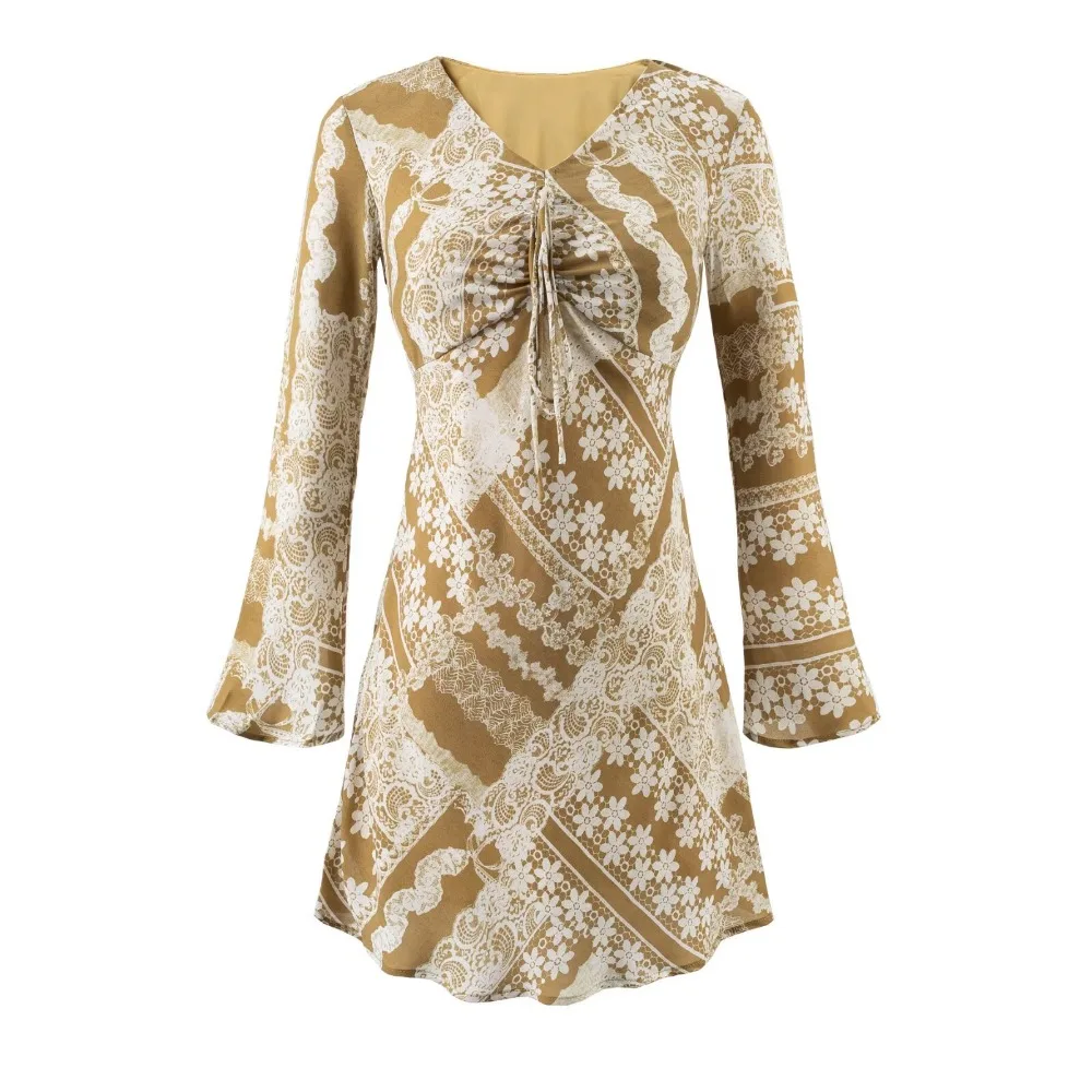 French Style New Printed V-neck Long Sleeved Pleated Design Bohemian Printed Short Skirt Beach Vacation Casual Party Dress
French Style New Printed V-neck Long Sleeved Pleated Design Bohemian Printed Short Skirt Beach Vacation Casual Party Dress
