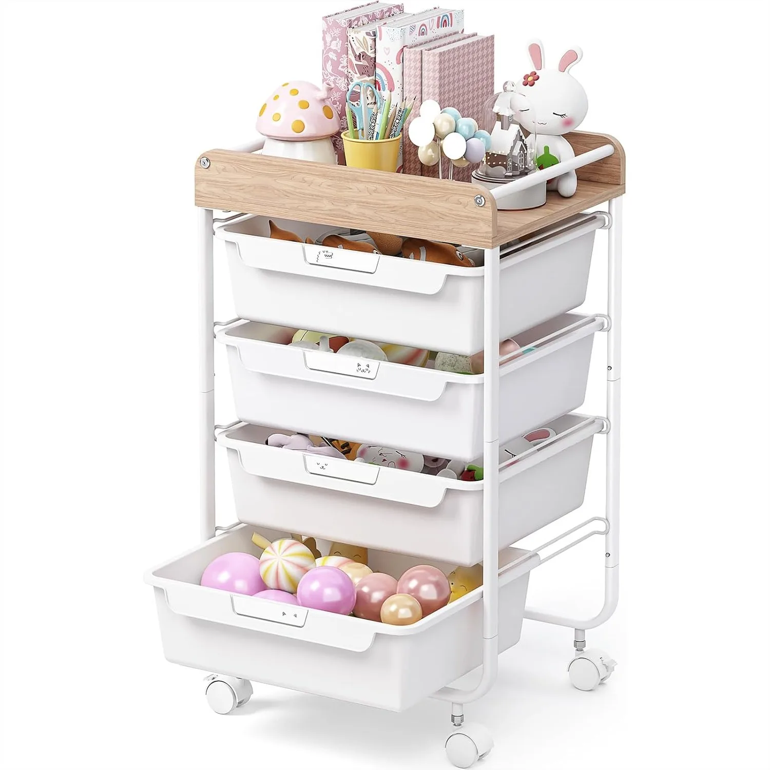 Rolling Storage Utility Cart with 4 Drawers and Wooden Tabletop for Kids Craft Art and Makeup Organization, White
Rolling Storage Utility Cart with 4 Drawers and Wooden Tabletop for Kids Craft Art and Makeup Organization, White