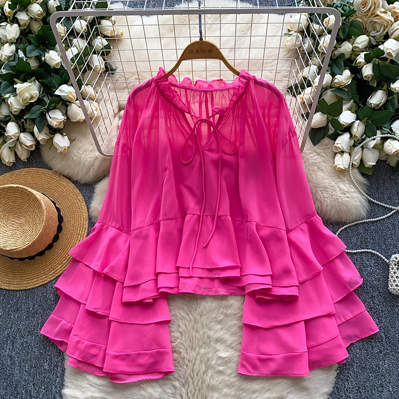 Женская шифоновая рубашка с круглым вырезом и расклешенными рукавами, весна-осень, новая тонкая свободная модная милая блузка с допамином розового цвета, топ C358 
Женская шифоновая рубашка с круглым вырезом и расклешенными рукавами, весна-осень, новая тонкая свободная модная милая блузка с допамином розового цвета, топ C358