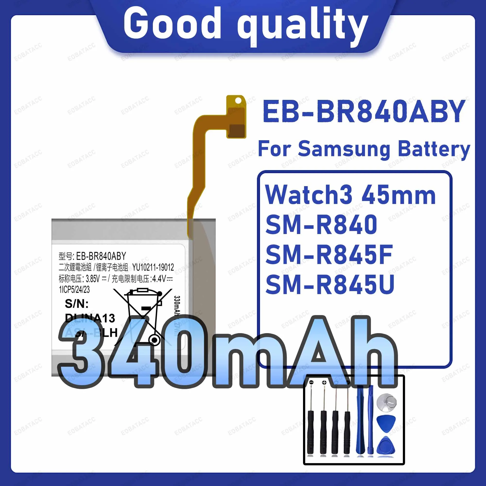 340mAh EB-BR840ABY Replacement Battery for Samsung Watch 3 45mm/SM-R840 with Repair Tools Kit
340mAh EB-BR840ABY Replacement Battery for Samsung Watch 3 45mm/SM-R840 with Repair Tools Kit