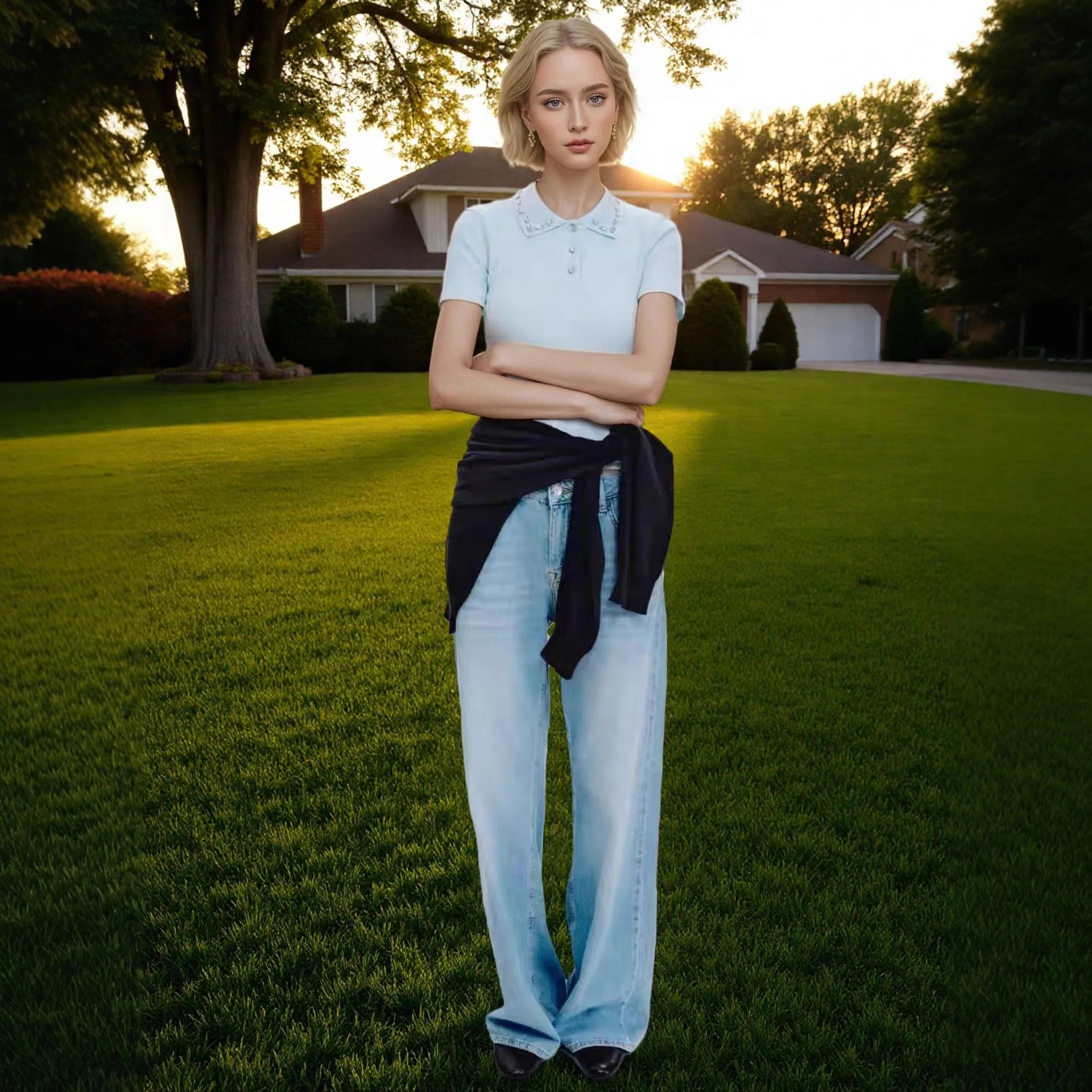 Новая летняя женская рубашка-поло с коротким рукавом, ювелирный воротник, чистый цвет, ребристый дизайн, транссеокеанская мода, французский стиль
Новая летняя женская рубашка-поло с коротким рукавом, ювелирный воротник, чистый цвет, ребристый дизайн, транссеокеанская мода, французский стиль