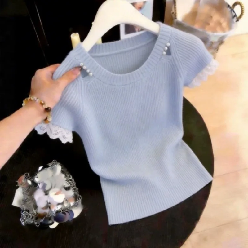 Round-necked Sweater Women's Pullovers Spring Summer Short-sleeved Pearl Lace Slim Cover Gentle Wind Knitwear Ladies Sweater
Round-necked Sweater Women's Pullovers Spring Summer Short-sleeved Pearl Lace Slim Cover Gentle Wind Knitwear Ladies Sweater
