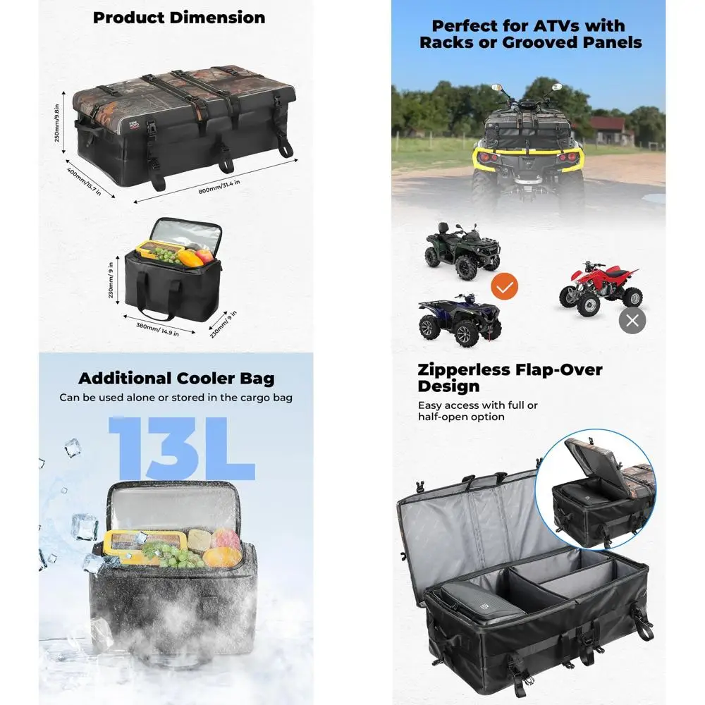 Грузовая сумка для хранения квадроциклов объемом 80 л с дополнительным холодильником 13 л и регулируемым перегородкой, водонепроницаемая сумка на стойке без молнии, совместимая с
Грузовая сумка для хранения квадроциклов объемом 80 л с дополнительным холодильником 13 л и регулируемым перегородкой, водонепроницаемая сумка на стойке без молнии, совместимая с