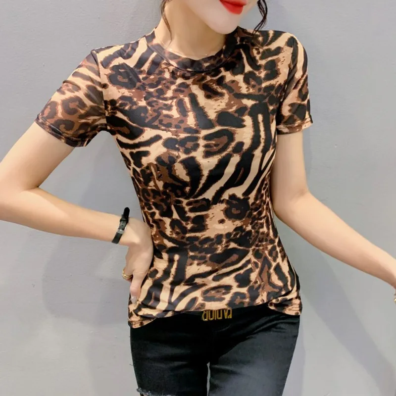 #5648 Sexy Leopard T-shirt Femme Mesh O-neck Summer Short Sleeve Tshirt Female Skinny Korean Style Basic Top Short T-shirt Retro
#5648 Sexy Leopard T-shirt Femme Mesh O-neck Summer Short Sleeve Tshirt Female Skinny Korean Style Basic Top Short T-shirt Retro