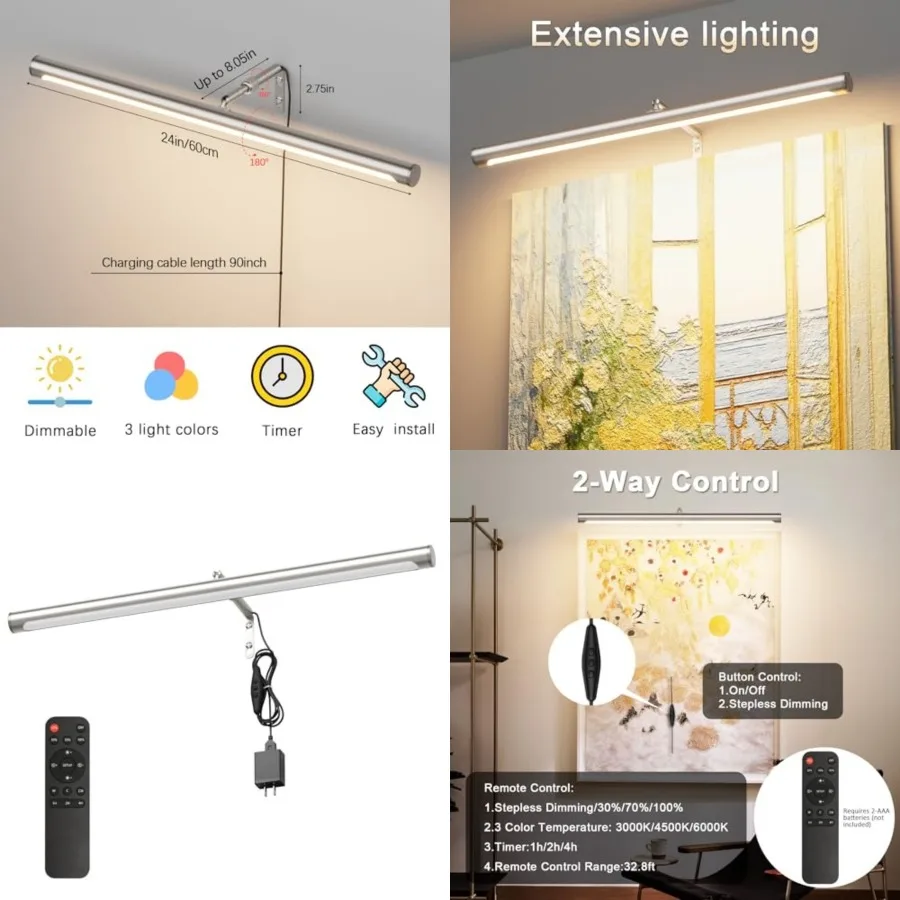 9W Picture Light Plug in, 24" Adjustable LED Art Light with Remote Control, Dimmable Wall Light for Picture Display Dartboard A
9W Picture Light Plug in, 24" Adjustable LED Art Light with Remote Control, Dimmable Wall Light for Picture Display Dartboard A