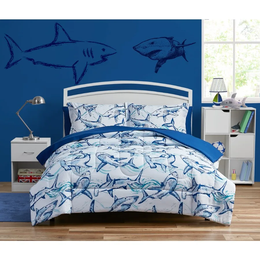Комплект постельного белья из 7 предметов с рисунком акулы, синий, двусторонний, из полиэстера, для кровати размера Full
Комплект постельного белья из 7 предметов с рисунком акулы, синий, двусторонний, из полиэстера, для кровати размера Full