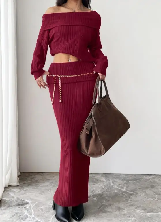 Two Piece Set Women Outfit 2025 Spring Autumn New Elegant Warm One Shoulder Knitted Solid Color Top & High Waist Long Skirt Set
Two Piece Set Women Outfit 2025 Spring Autumn New Elegant Warm One Shoulder Knitted Solid Color Top & High Waist Long Skirt Set