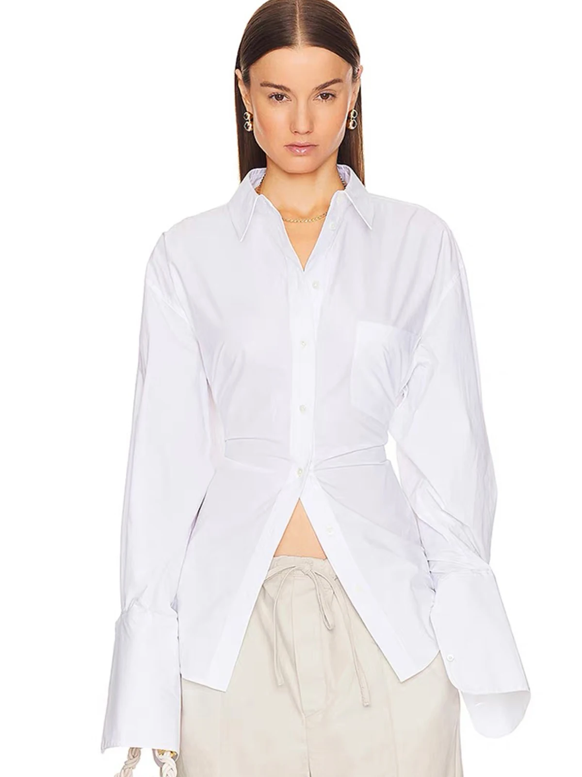 Helsa Elsa Hosk Long Sleeve Collar Shirt Waist Cinched Slim Fit Midi Length Belted Cotton Blend Women's Casual Shirt
Helsa Elsa Hosk Long Sleeve Collar Shirt Waist Cinched Slim Fit Midi Length Belted Cotton Blend Women's Casual Shirt