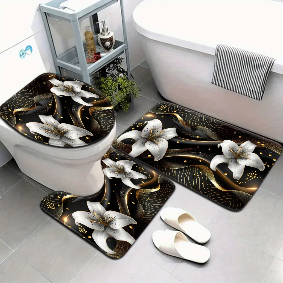 3-piece set of small fresh floral gray background with white lily pattern bathroom floor mat set toilet lid U-shaped foot mat
3-piece set of small fresh floral gray background with white lily pattern bathroom floor mat set toilet lid U-shaped foot mat