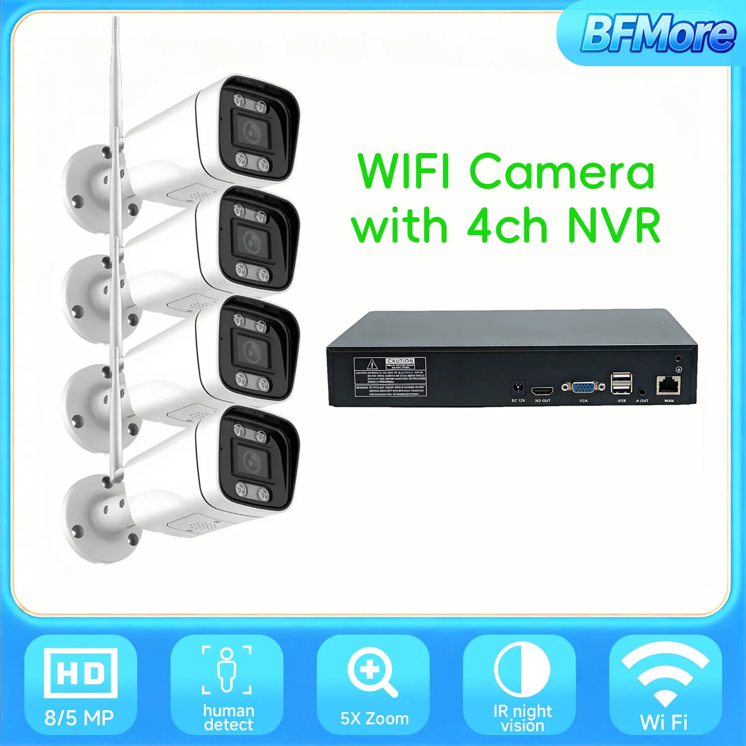 BFMore WIFI 4CH CCTV System Set 4K 5MP Wifi камер Kit 8MP Audio Security Outdoor Human Detect NVR Video Surveillance Kit
BFMore WIFI 4CH CCTV System Set 4K 5MP Wifi камер Kit 8MP Audio Security Outdoor Human Detect NVR Video Surveillance Kit